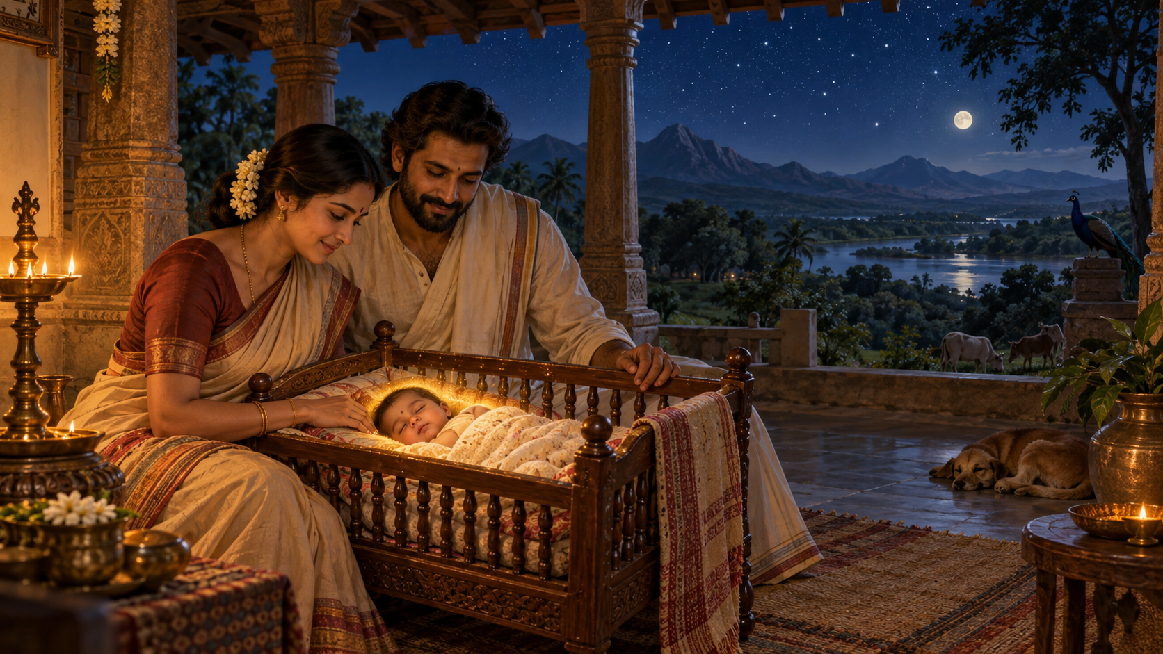Two householders sit beside a glowing infant in a cradle while an already formed landscape and starry sky extend behind them.