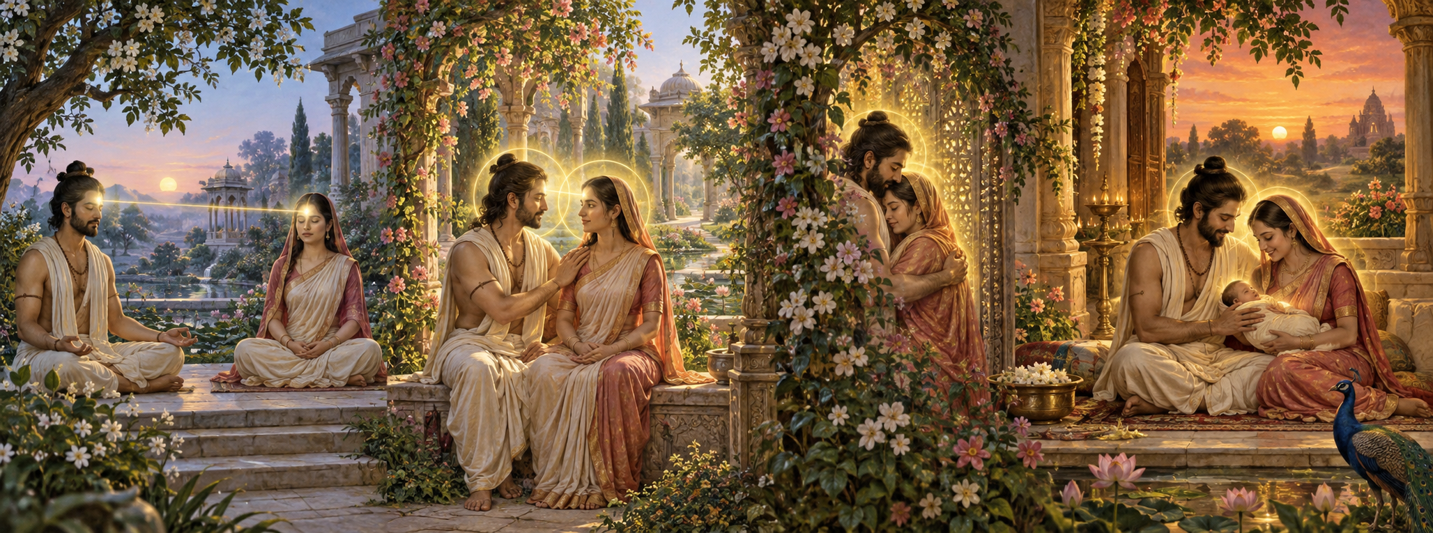 Four connected garden scenes show meditation, gentle touch, an embrace, and a couple seated with a swaddled infant.