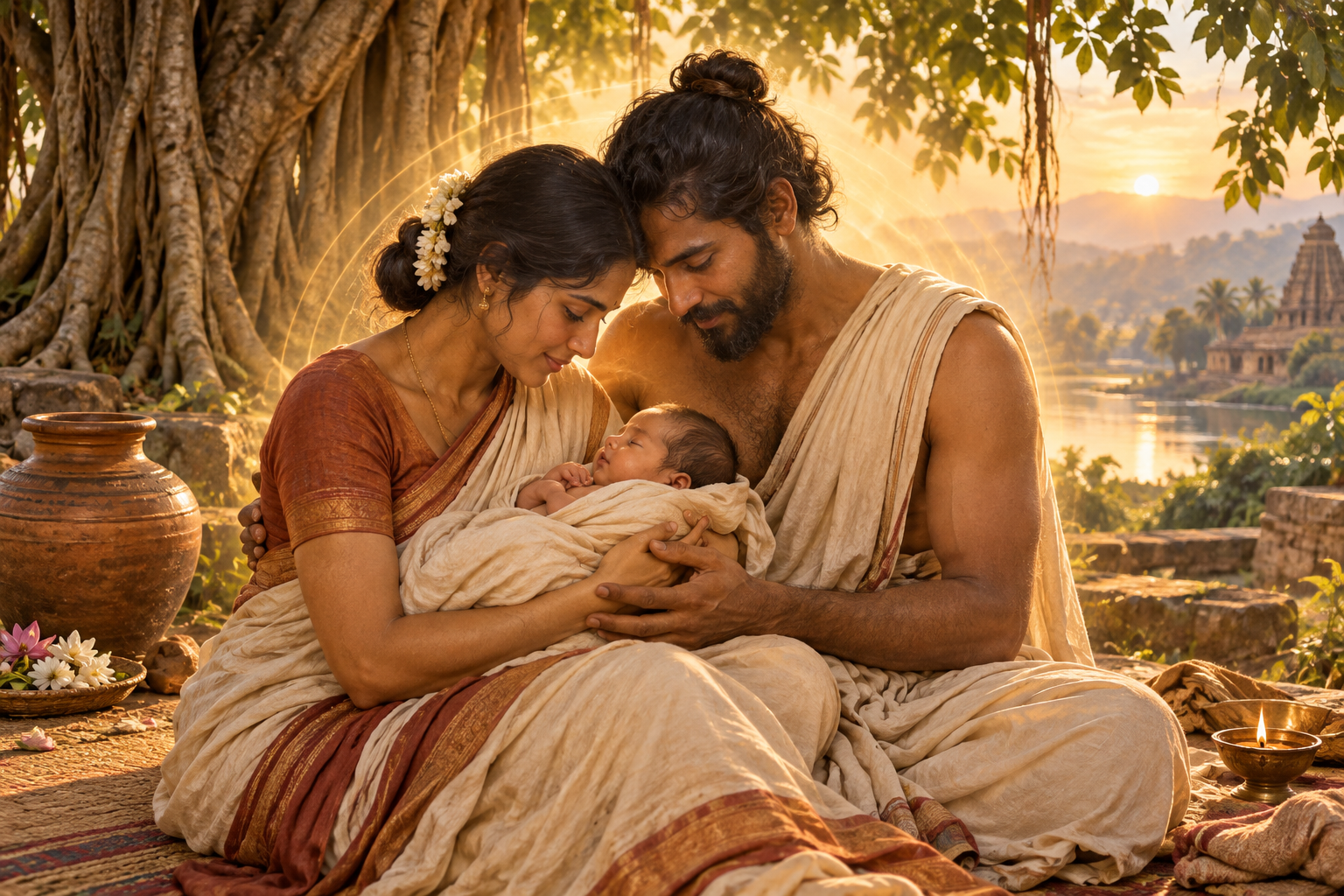 Two parents cradle a newborn beneath a banyan tree, surrounded by warm sunlight and a shared golden glow.