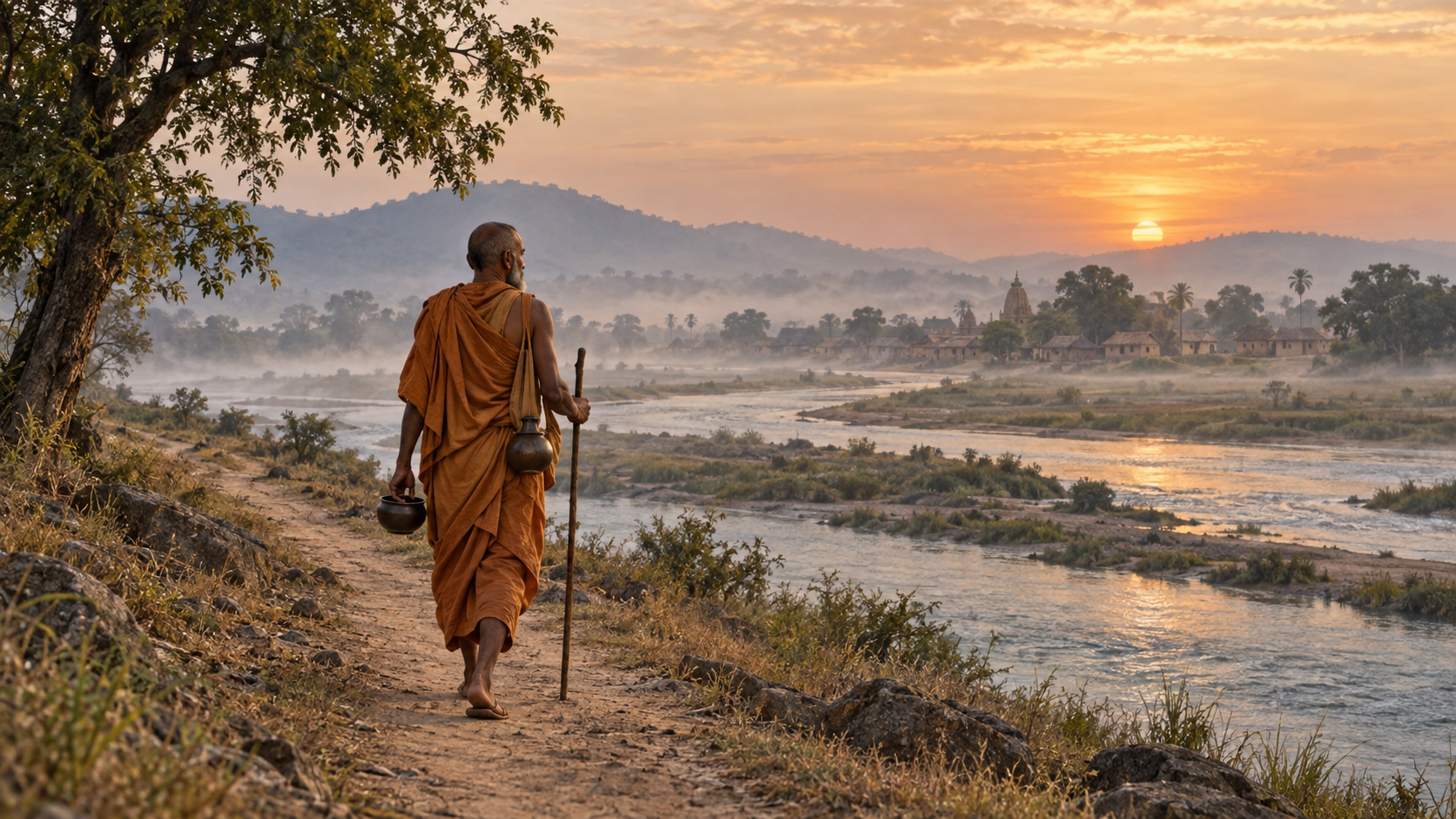 A lone renunciant in a plain ochre robe walks beside a river carrying a staff, water vessel, and alms bowl as a village appears in the distance.