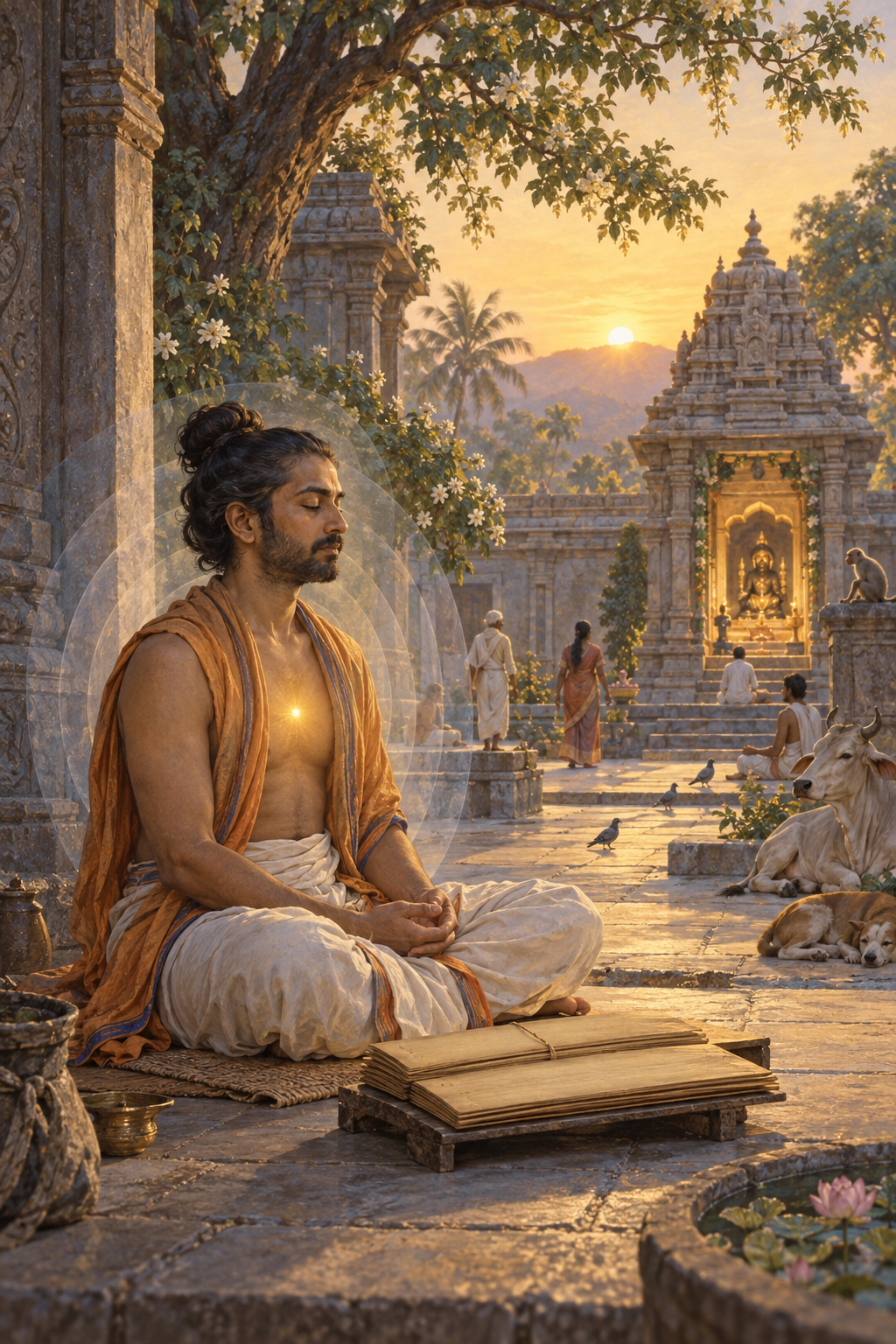 A practitioner meditates beside an open palm-leaf manuscript in a temple courtyard as warm light connects the figure with a distant shrine and surrounding living beings.