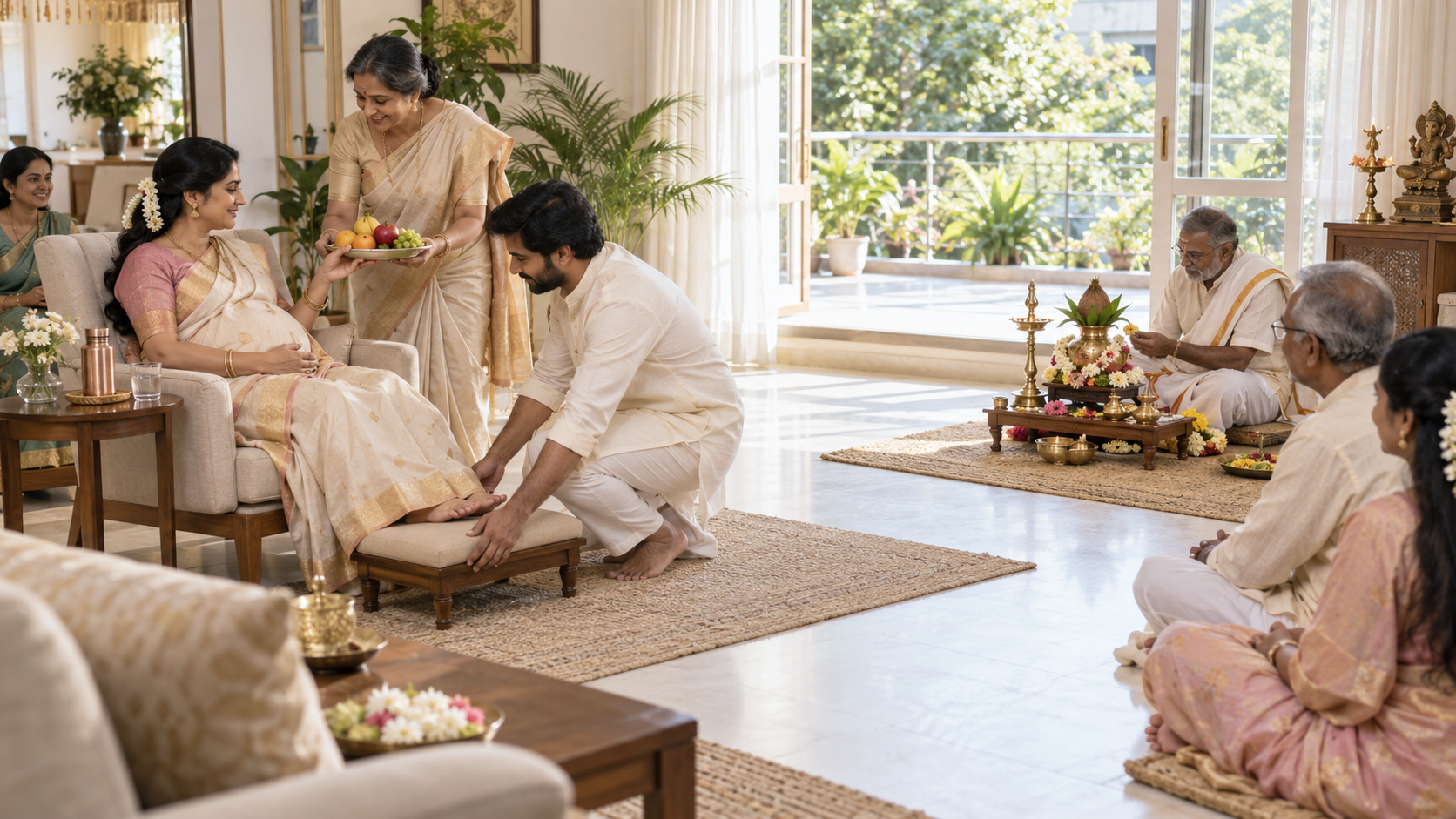 A pregnant woman rests in a supportive chair while close relatives and a priest conduct a small, well-ventilated home observance around her comfort.