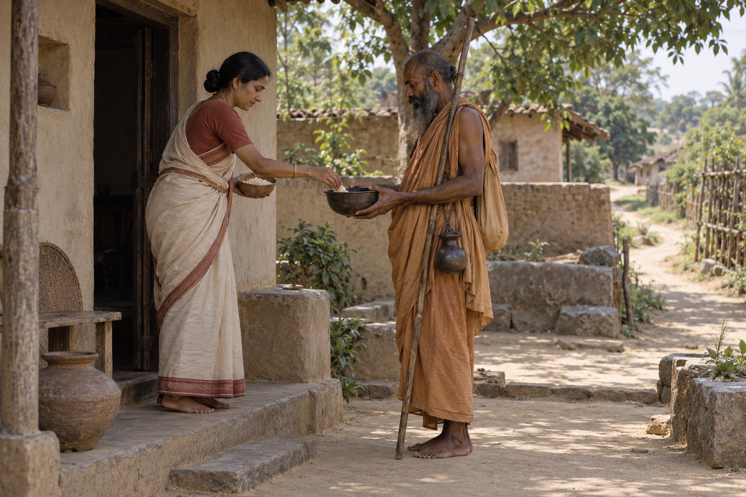 A village householder places a small portion of food into the bowl of a wandering renunciant standing at the doorway with a staff and water vessel.