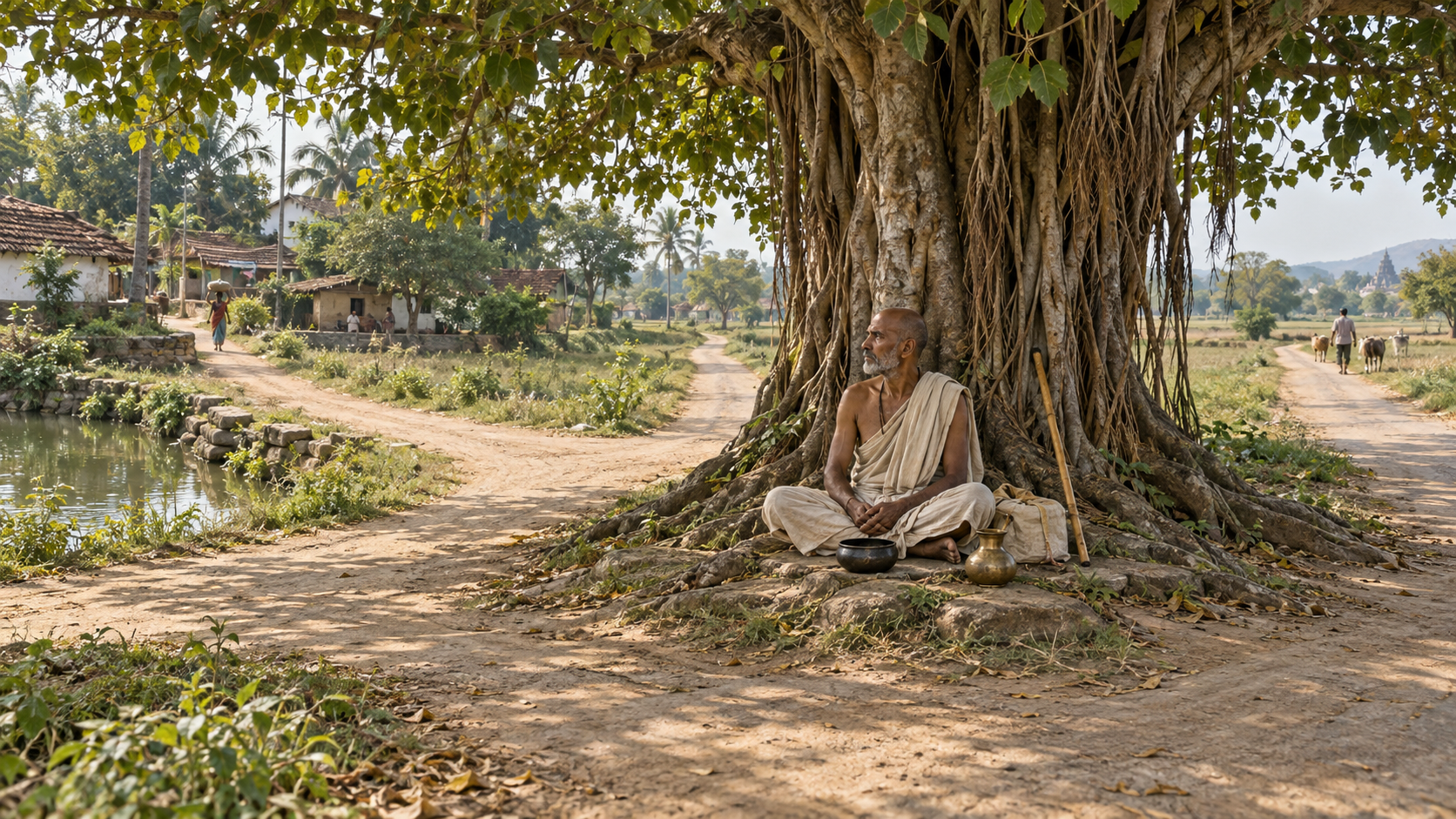 A wandering renunciant rests beneath a banyan tree at a meeting of rural paths with a bowl, water vessel, staff, and folded cloth beside him.