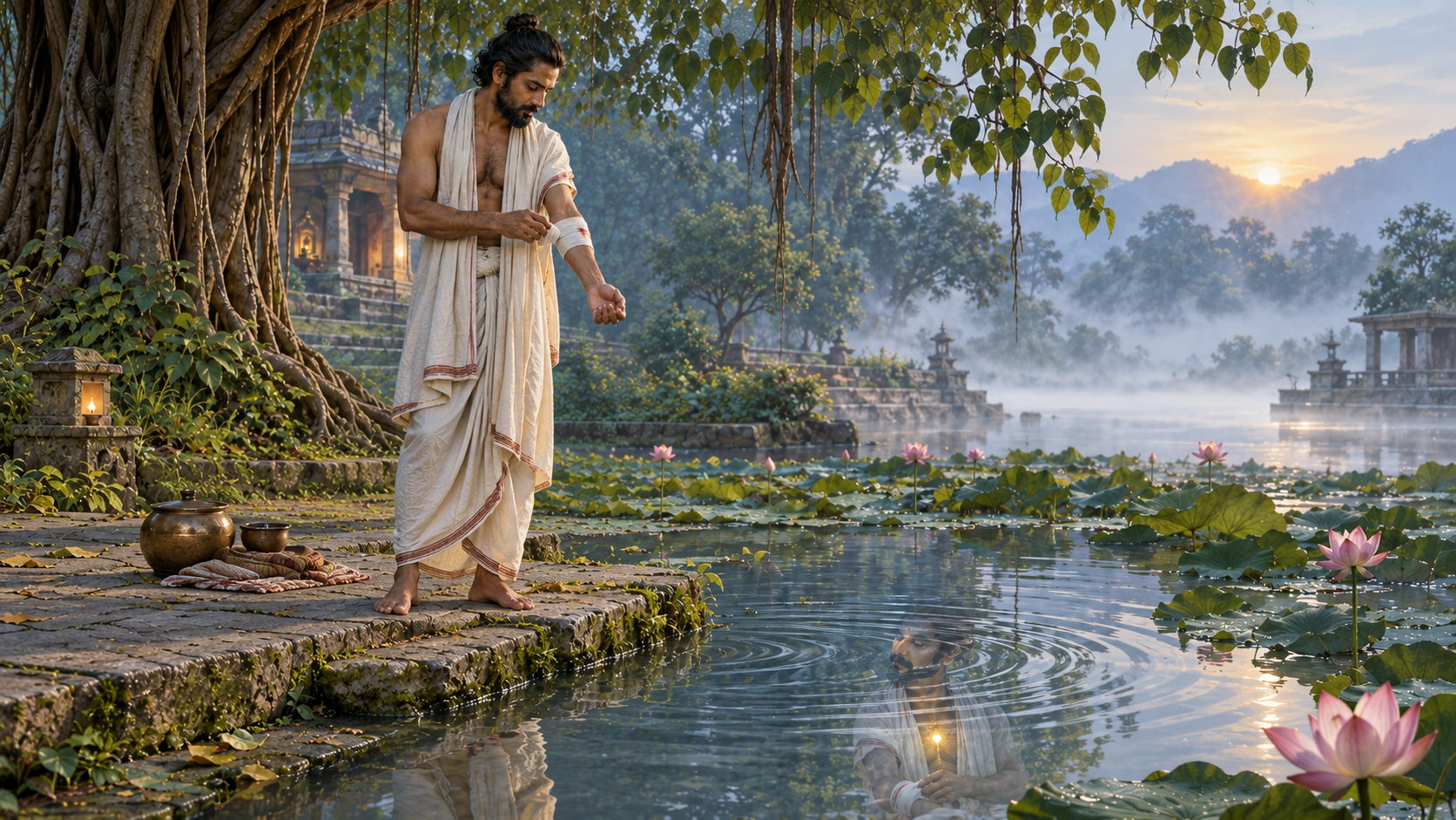 A practitioner cares for a bandaged forearm beside a lotus pond while a steady golden light appears at the heart of the rippling reflection.