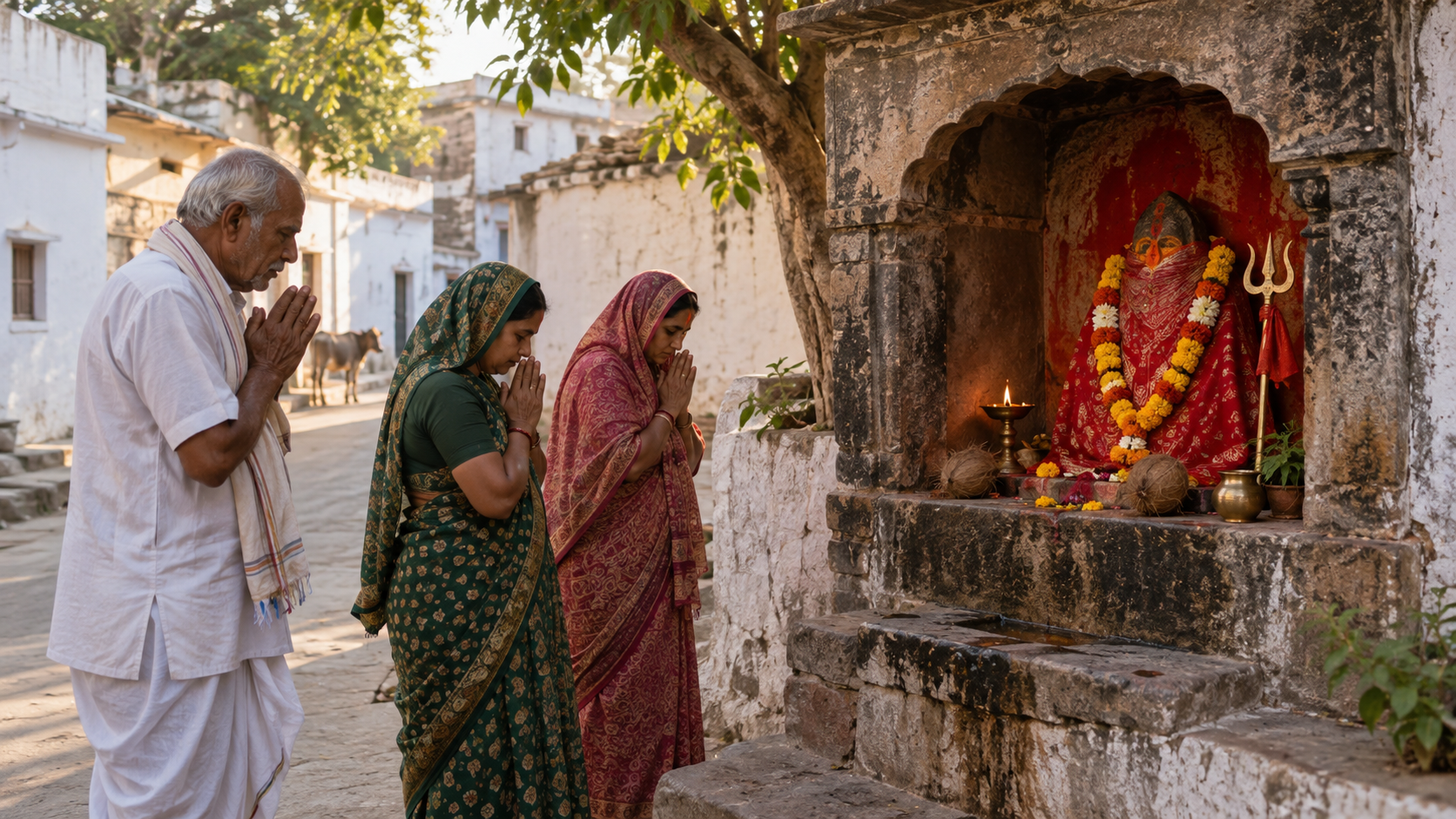 Three worshippers stand before a small Gujarati mother-goddess shrine decorated with red cloth, marigolds, an oil lamp, and offerings.