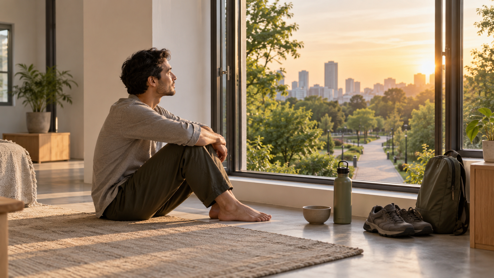 A person in simple modern clothing sits quietly by an open window in an uncluttered room with walking shoes, a bowl, a water bottle, and a small daypack nearby.