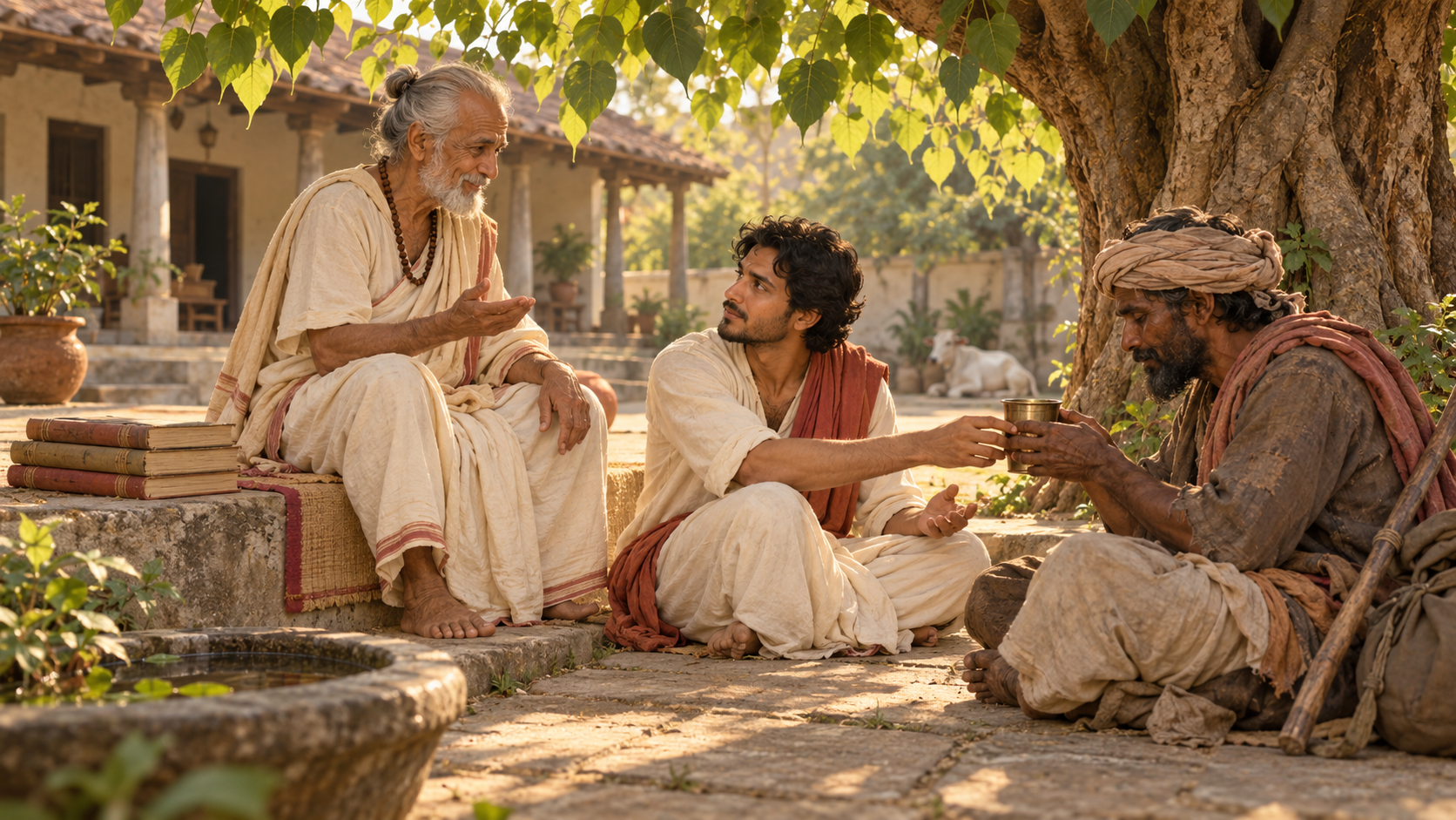 A seated student listens humbly to an elderly teacher while offering a cup of water to a traveler in an ashram courtyard.