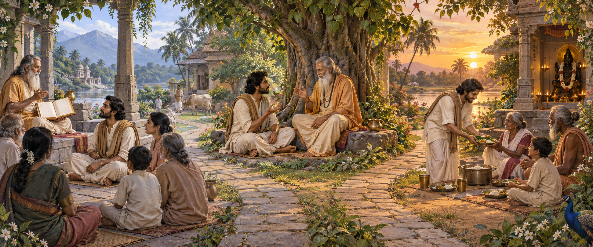A panoramic ashram scene shows one practitioner listening to a teacher, asking questions beneath a tree, and serving a meal to others.