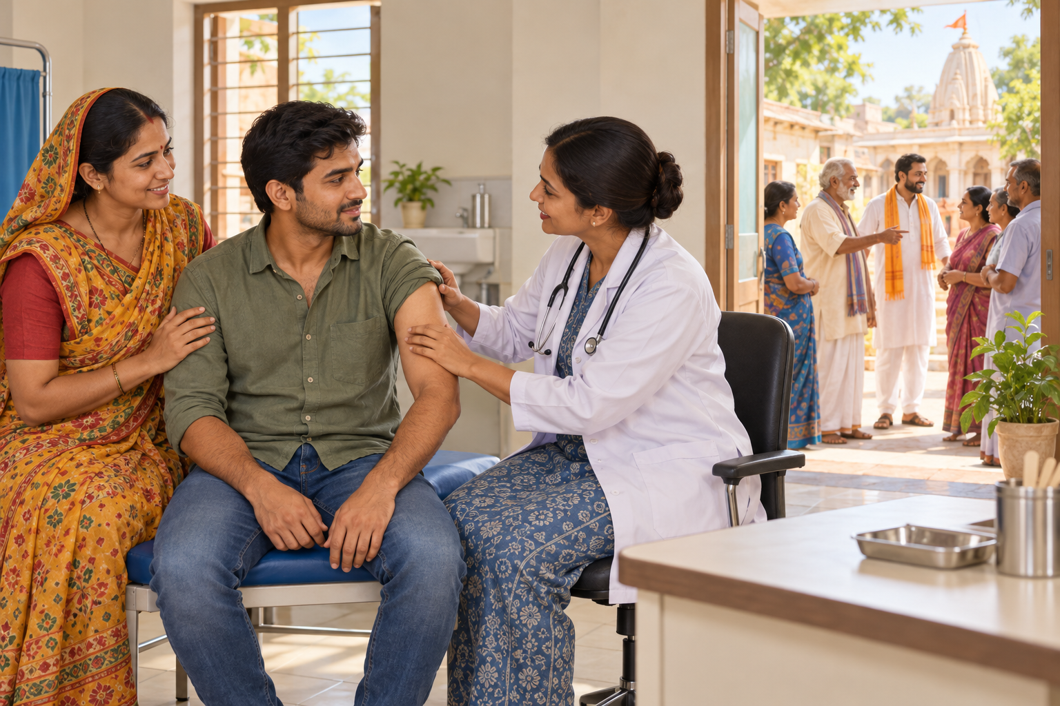 A healthcare professional assesses a patient in a Gujarat clinic while community figures outside encourage neighbors to seek medical care.