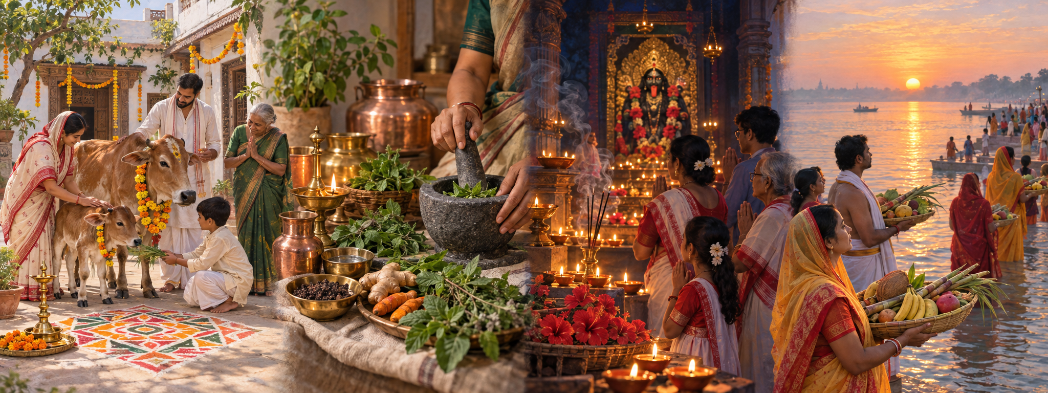 Four illustrated scenes show a Gujarati family with a decorated cow and calf, Ayurvedic herbs and brass vessels, a Bengali lamp-lit puja, and riverbank offerings to the sun.