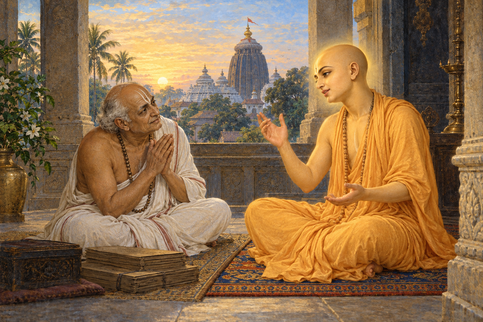 Sarvabhauma Bhattacharya listens humbly to Sri Chaitanya Mahaprabhu beside palm-leaf manuscripts in Jagannath Puri.
