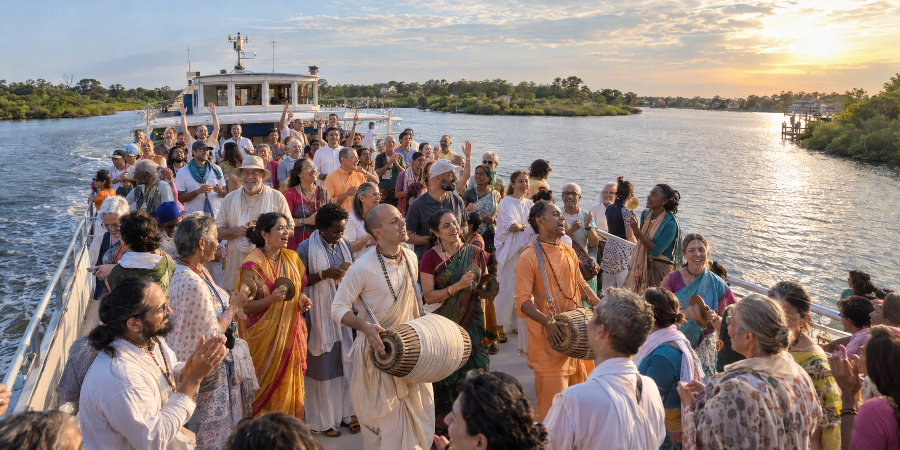 Devotees sing with hand cymbals and a drum on the open deck of a riverboat traveling through a Texas waterway.