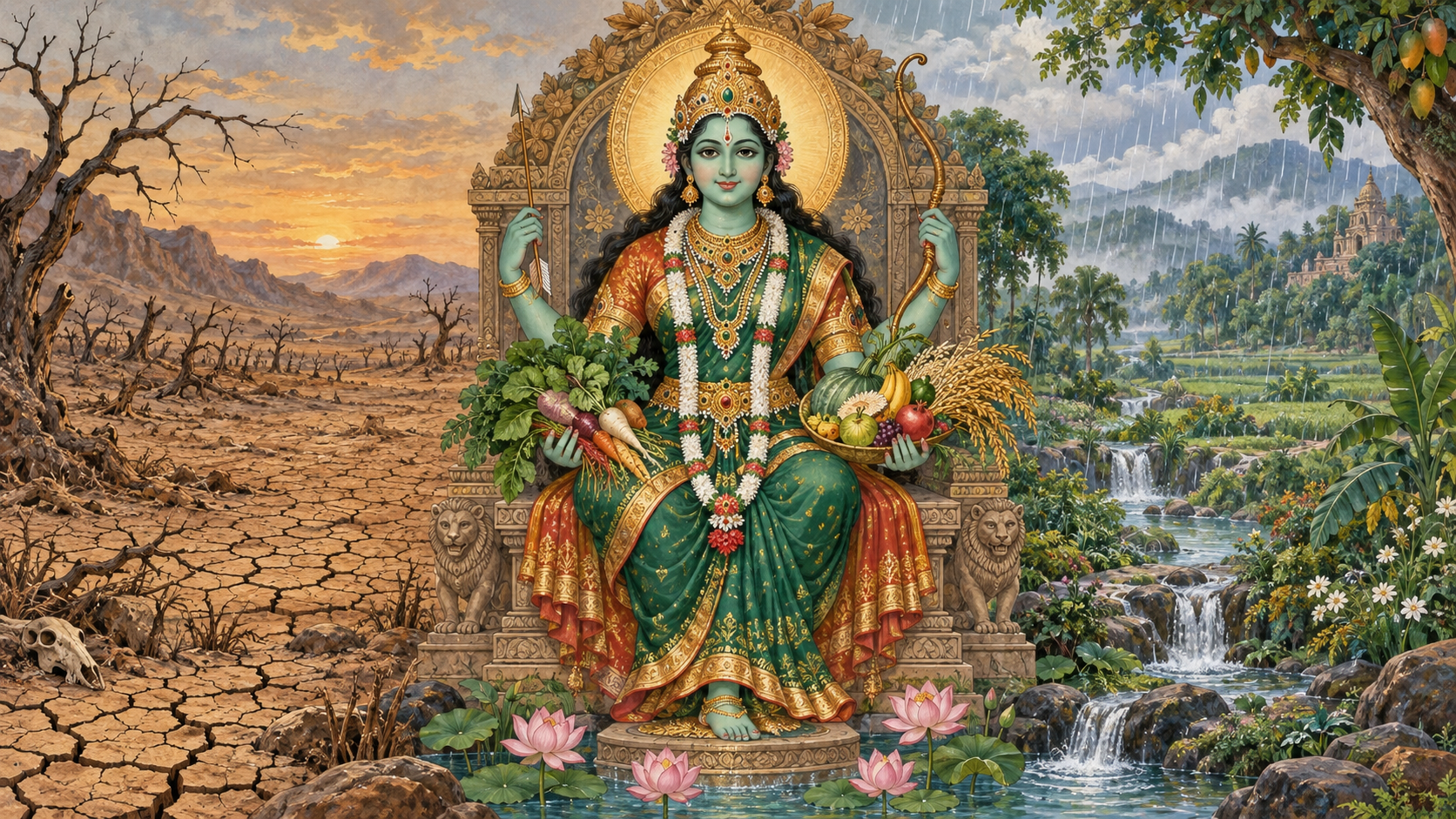Four-armed Shakambhari Devi holds a bow, arrow, and edible plants above lotus-filled water in a landscape changing from drought to green abundance.