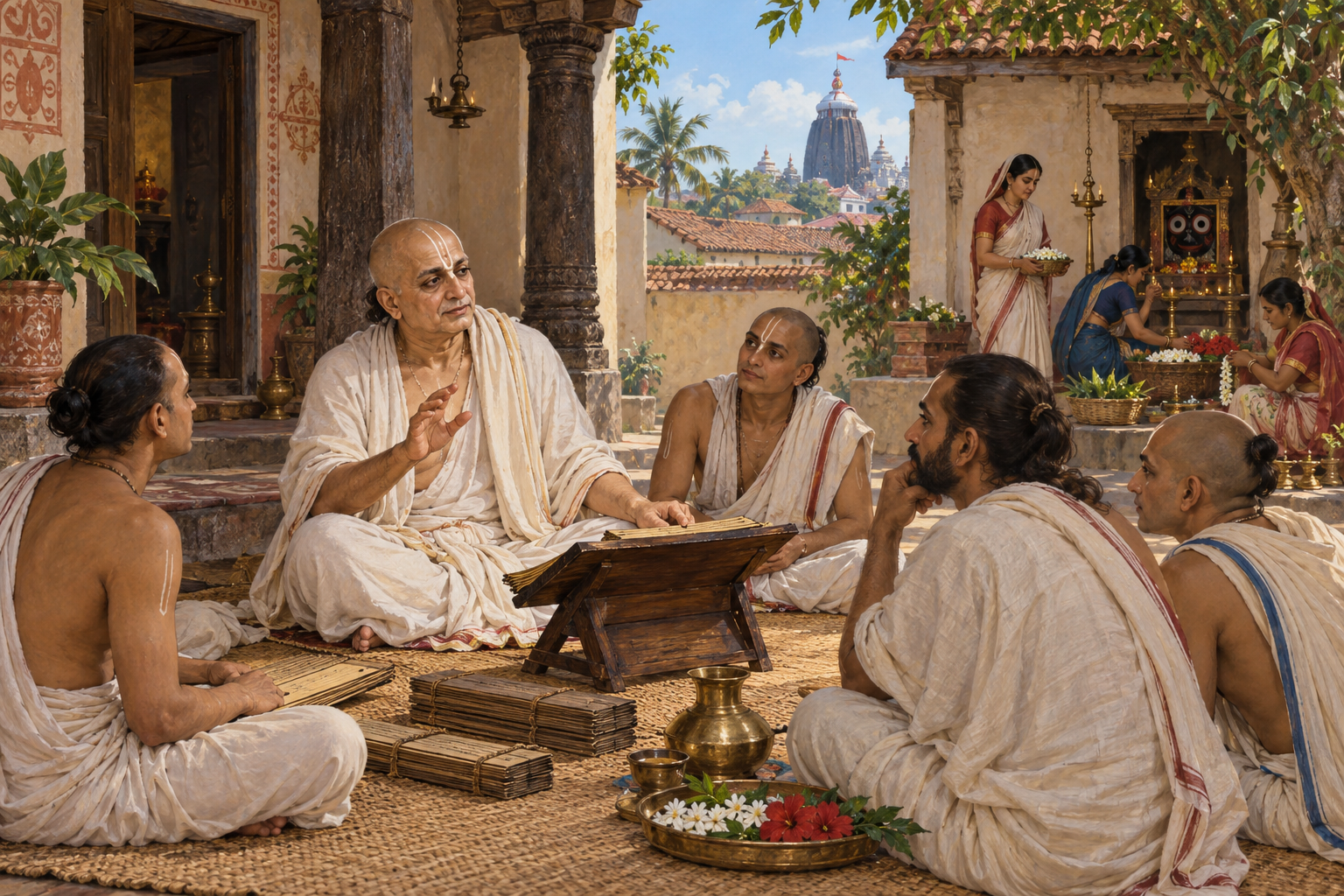 Sarvabhauma Bhattacharya teaches students in the courtyard of his Puri household while family members prepare devotional offerings.