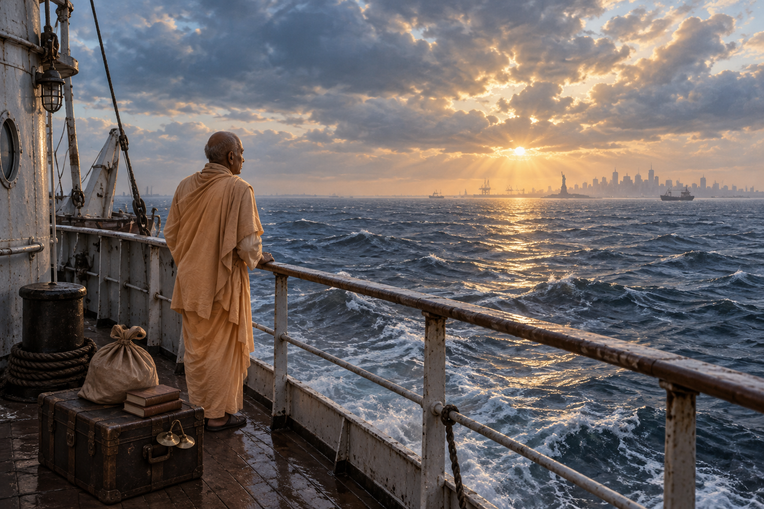 An elderly Vaishnava monk in saffron robes stands on a cargo ship and looks across the ocean toward a distant harbor at dawn.