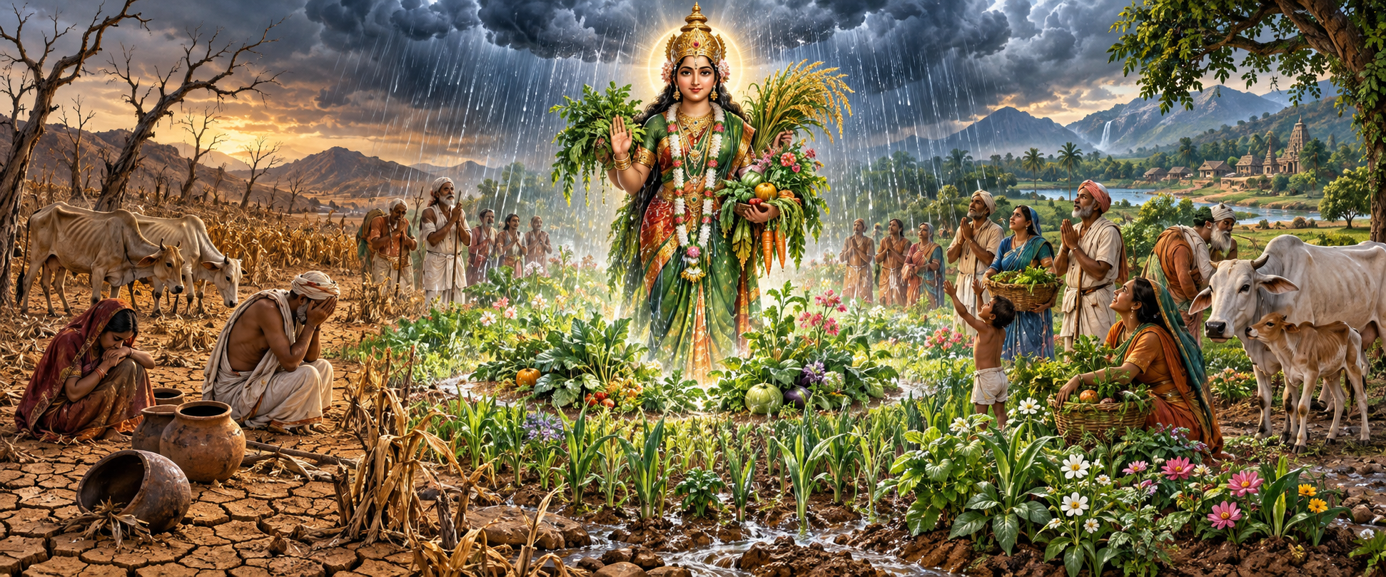 Shakambhari Devi appears in a parched landscape as rain falls and new food plants grow around distressed villagers and cattle.