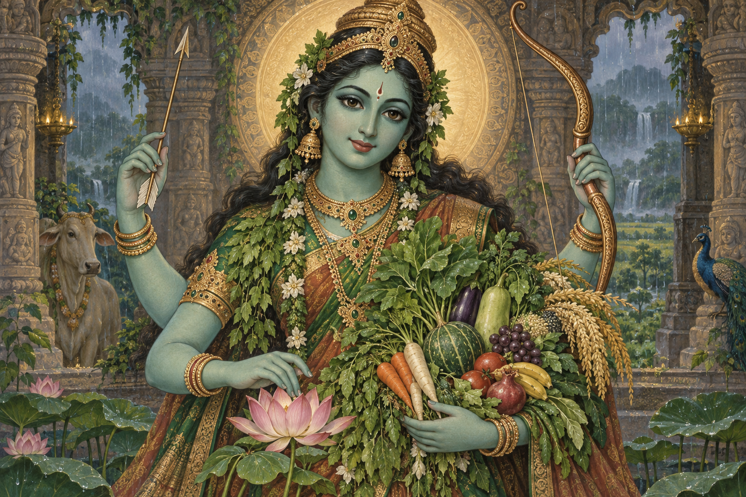 A close view of Shakambhari Devi's four hands shows edible plants, a lotus, a bow, and an arrow arranged around her blue-green form.