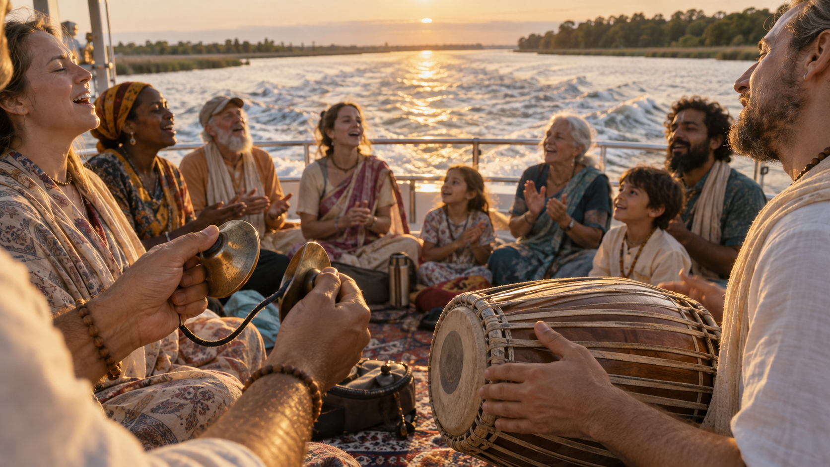 Devotees play cymbals and a double-headed drum as the riverboat's wake spreads across the sunlit water behind them.