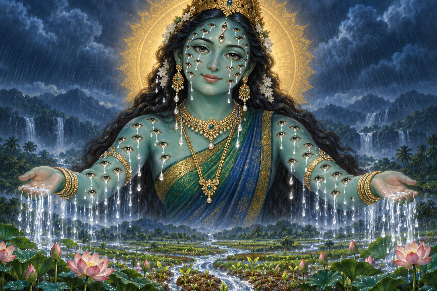 The blue-green goddess Shatakshi has many luminous eyes whose tears become rain over new green shoots and lotus buds.