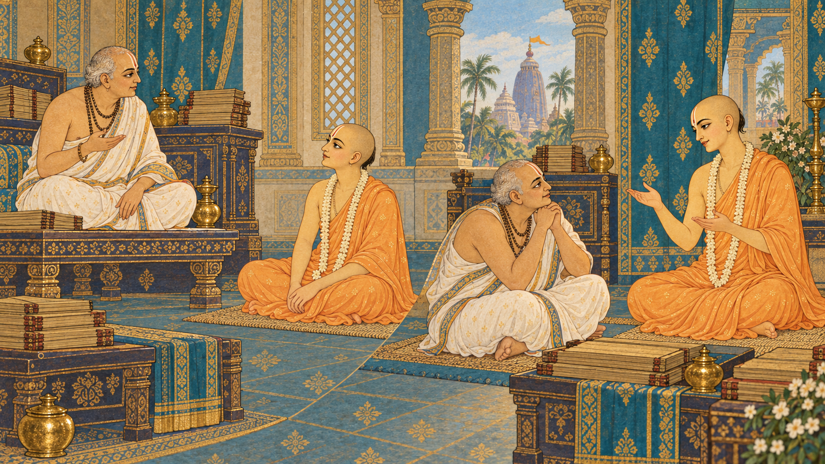 Sarvabhauma Bhattacharya leaves the teacher's seat and listens to Sri Chaitanya Mahaprabhu explain Vedanta in a Puri study chamber.