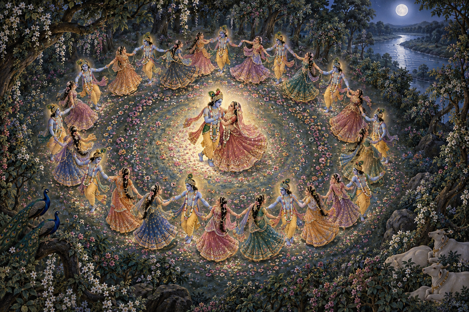 An overhead view shows Radha and Krishna at the center of a moonlit circular dance, with gopis and manifestations of Krishna forming an outer ring.