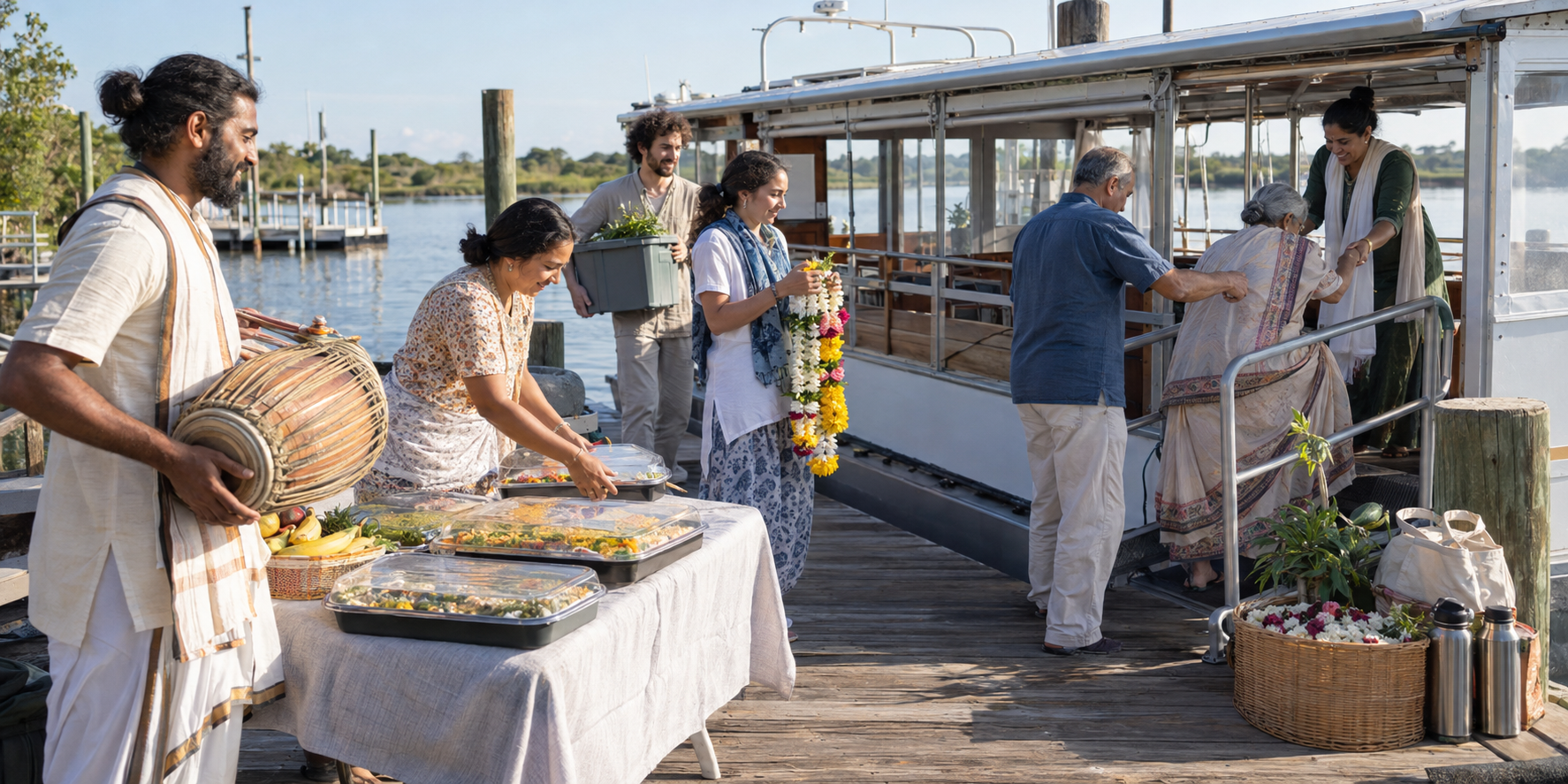 Community members carry a drum, flower garlands, and covered food trays while helping an older participant board a riverboat at a marina.