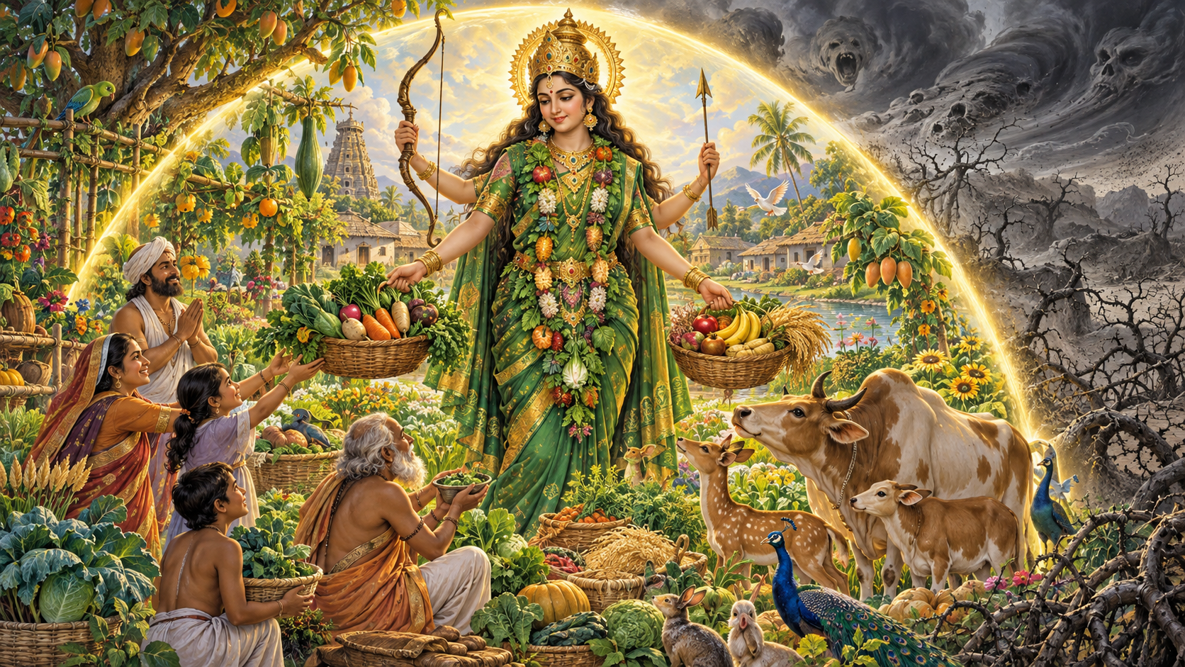 Shakambhari Devi offers vegetables, grain, and fruit to people and animals while her lowered bow and arrow guard a fertile garden from a dark drought storm.