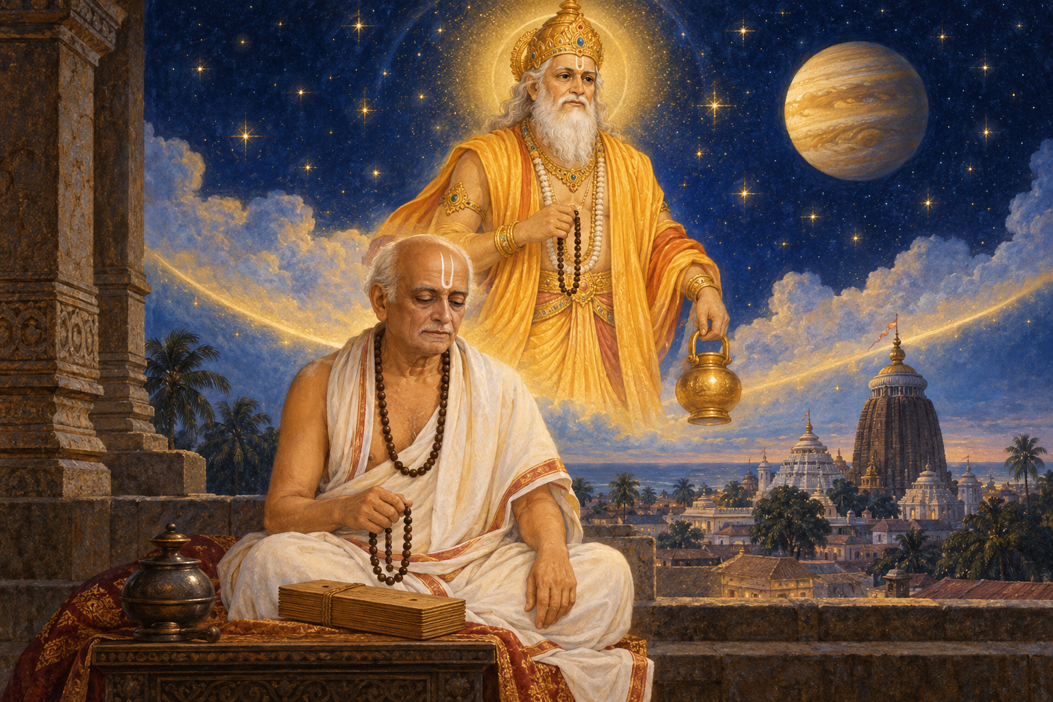 Sarvabhauma Bhattacharya sits with manuscripts below a luminous symbolic figure of Brihaspati holding prayer beads and a water vessel.