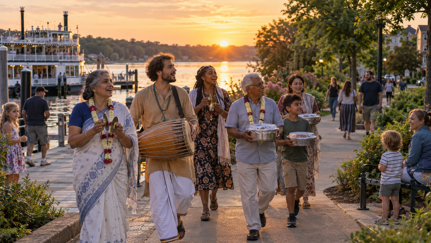 Devotees carrying instruments, flower garlands, and covered food containers walk from a waterfront landing toward a neighborhood park.