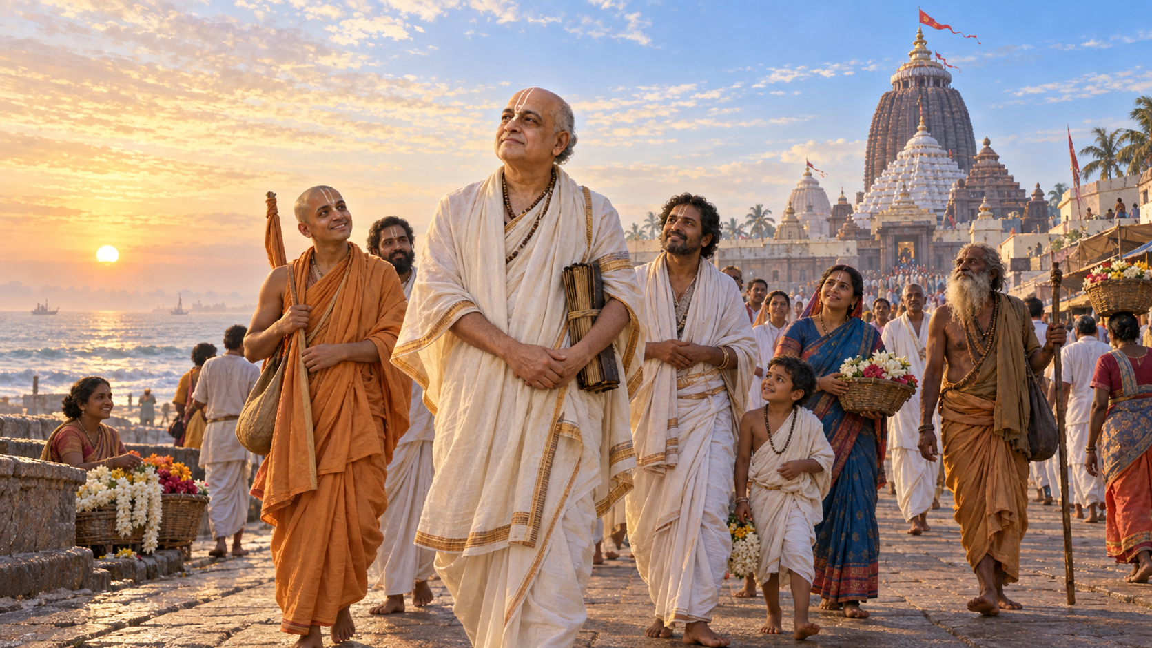 Sarvabhauma Bhattacharya walks humbly with devotees toward the Jagannath Temple at sunrise, carrying closed manuscripts at his side.