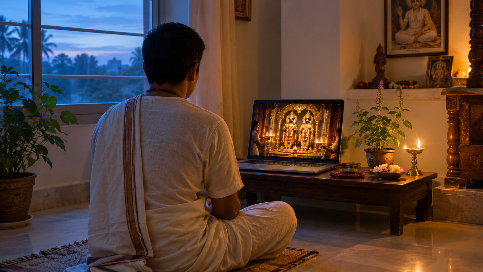 A devotee sits in a quiet home prayer space at dawn, watching a temple arati broadcast on a laptop beside flowers, prayer beads, a lamp, and a tulsi plant.