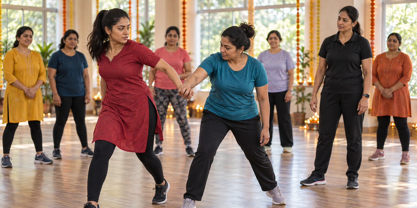 Women practise a supervised wrist-release and escape drill in a community hall decorated for Navratri.