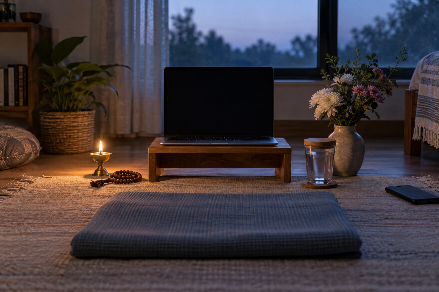 A meditation mat faces a laptop in a tidy predawn room prepared with prayer beads, flowers, water, and a brass lamp.