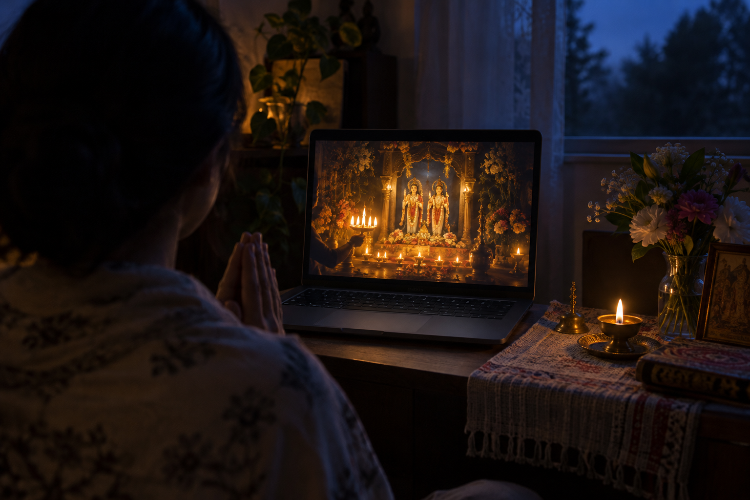A seated devotee watches a flower-decorated altar and glowing arati lamps on a laptop with palms joined in prayer.