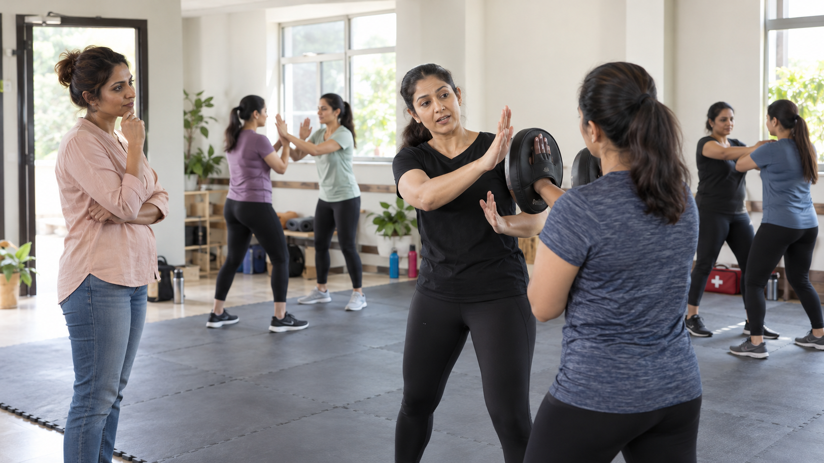 A woman observes a supervised self-defence class with padded flooring, training mitts and first-aid supplies.