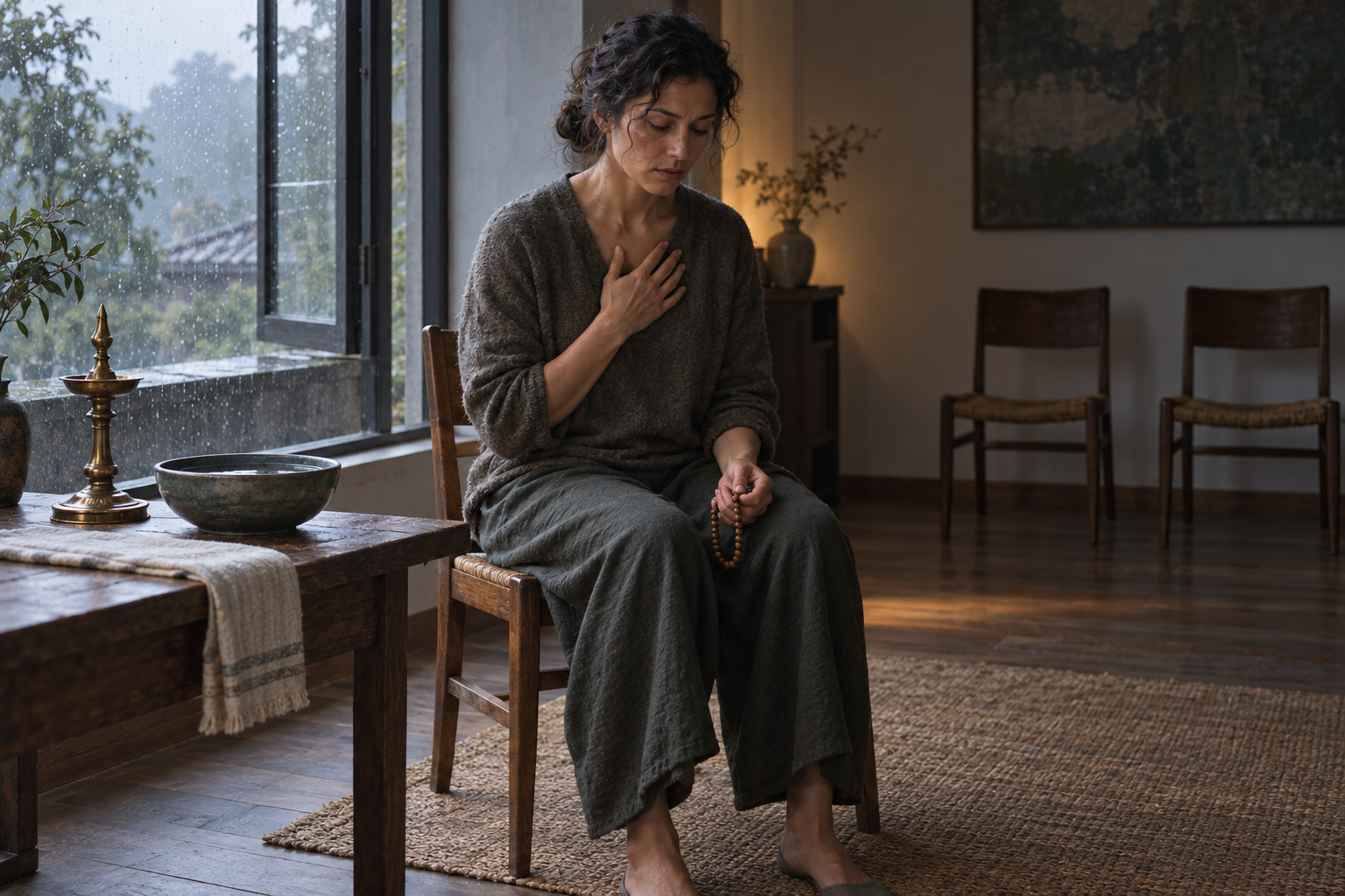 A seated person pauses with one hand over the heart and the other holding prayer beads beside an open window and two empty chairs.