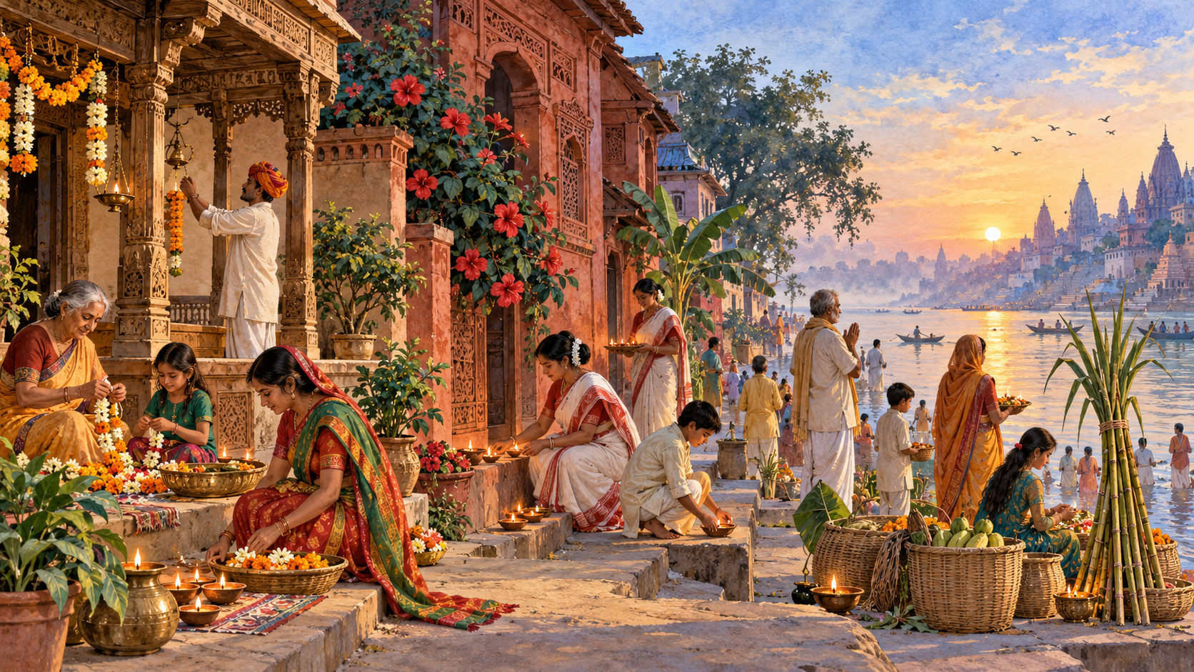 Illustrated landscape transitions from a western Indian family courtyard to a lamp-lit eastern neighbourhood and a northern river ghat prepared for sun offerings.