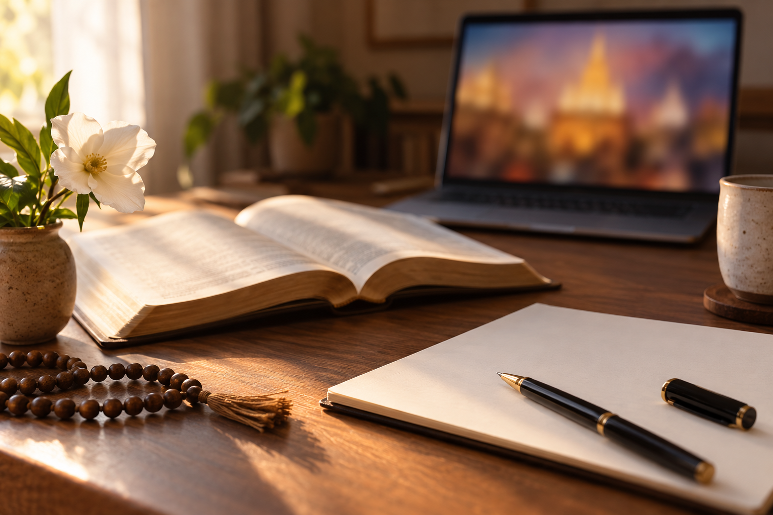 An open scripture, blank notebook, pen, prayer beads, and flower rest on a desk with a softly blurred devotional broadcast in the background.