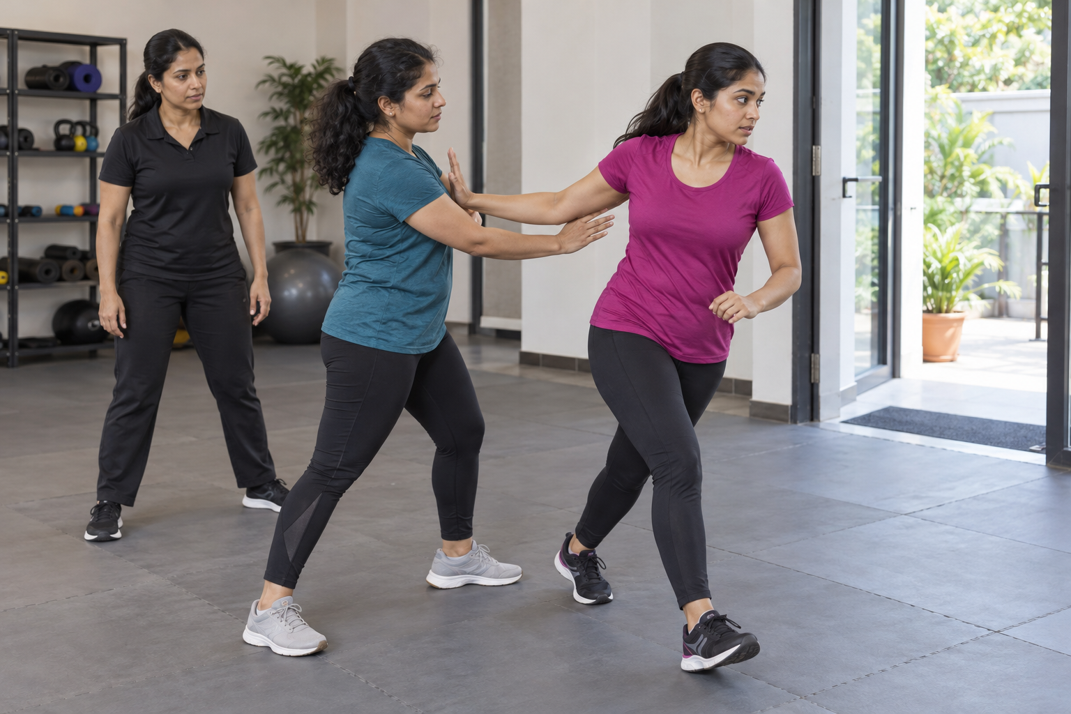 Two women practise creating distance and moving toward an exit while an instructor supervises.