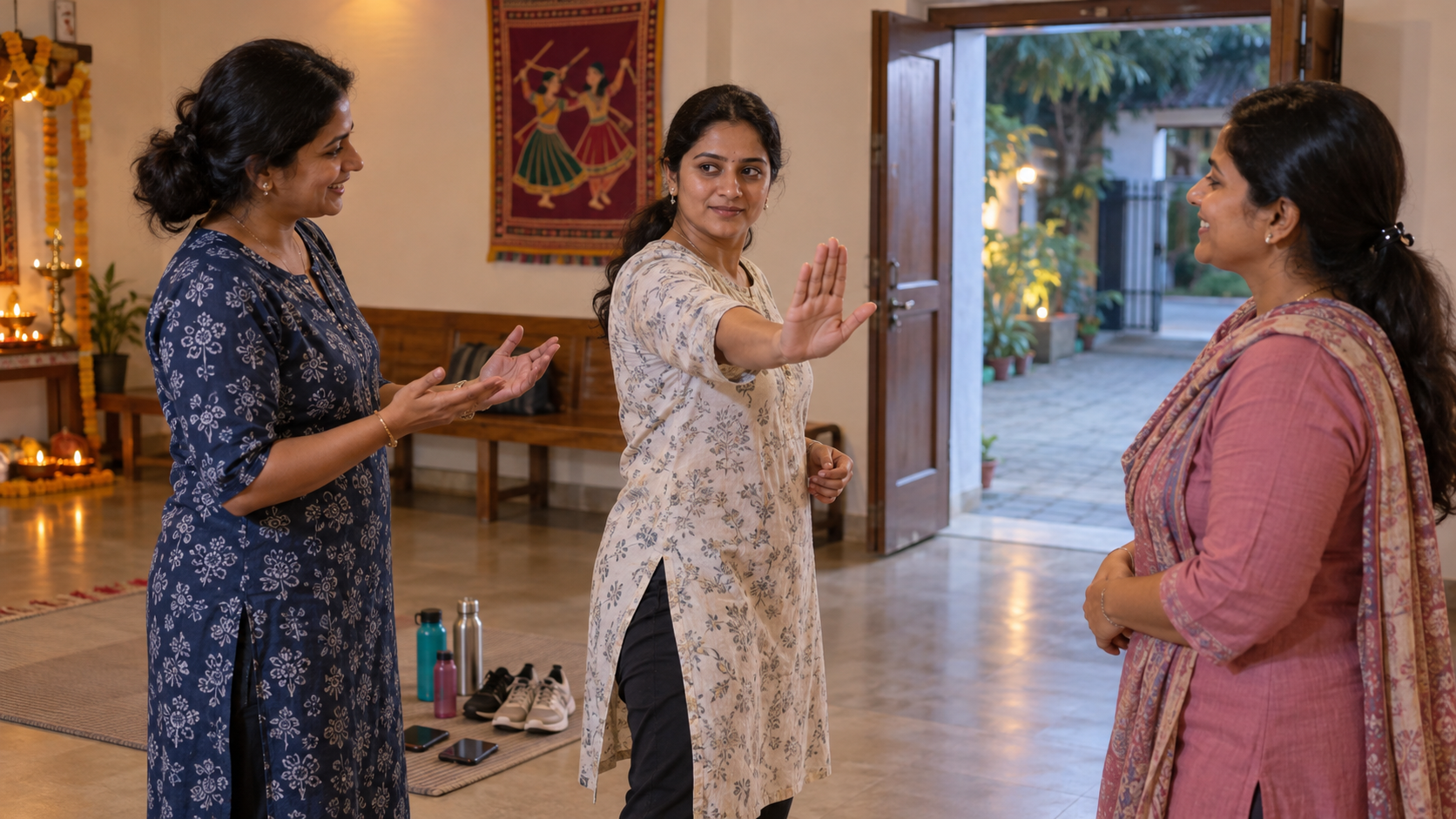 Three women rehearse a boundary gesture and an exit route together in a community room.