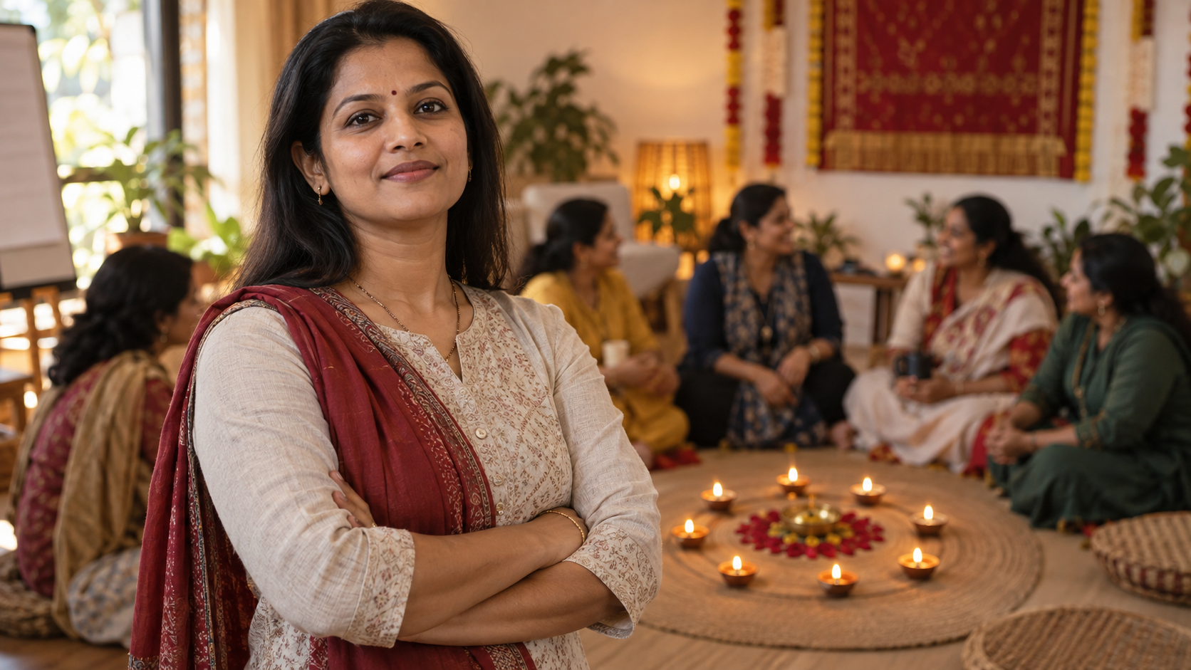 A confident woman stands in a supportive training space with Navratri lamps and other participants behind her.