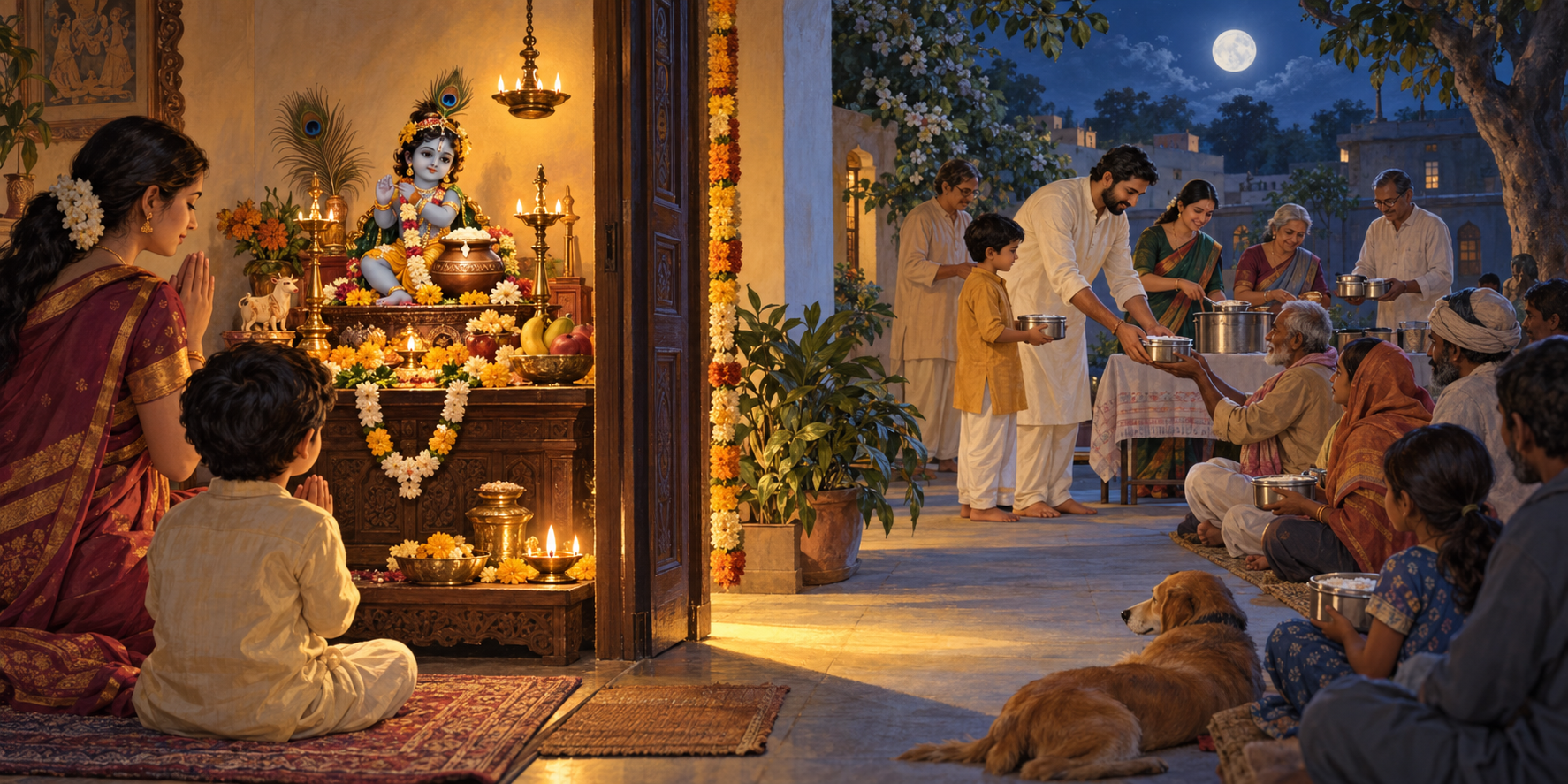 A Janmashtami altar with a child Krishna murti and oil lamps opens onto a courtyard where a family serves meals and supplies to neighbors.