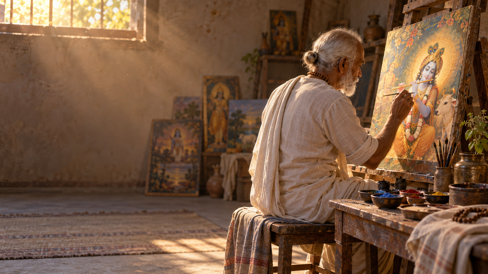 An elderly devotional artist works at an easel in a warm, sunlit studio surrounded by brushes, pigments and sacred paintings.