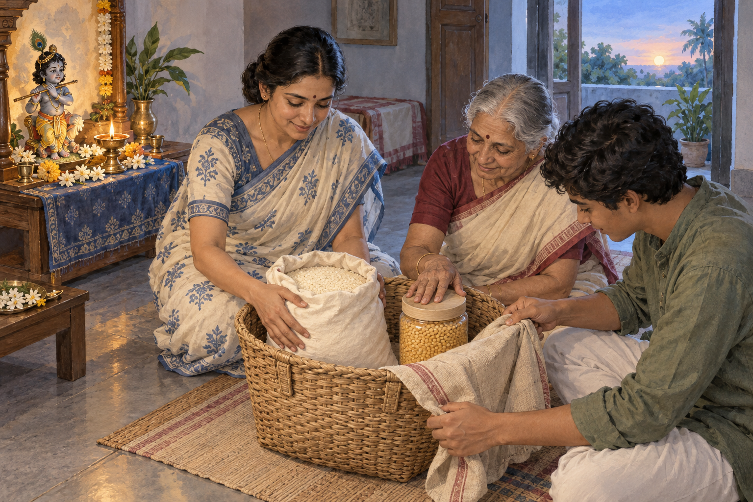 A devotee and two family members prepare one basket of rice and lentils beside a small Krishna altar after Janmashtami worship.