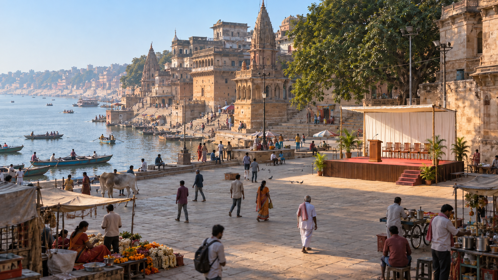 A newly built platform with empty chairs stands in a busy riverside civic square as everyday city life continues around it.
