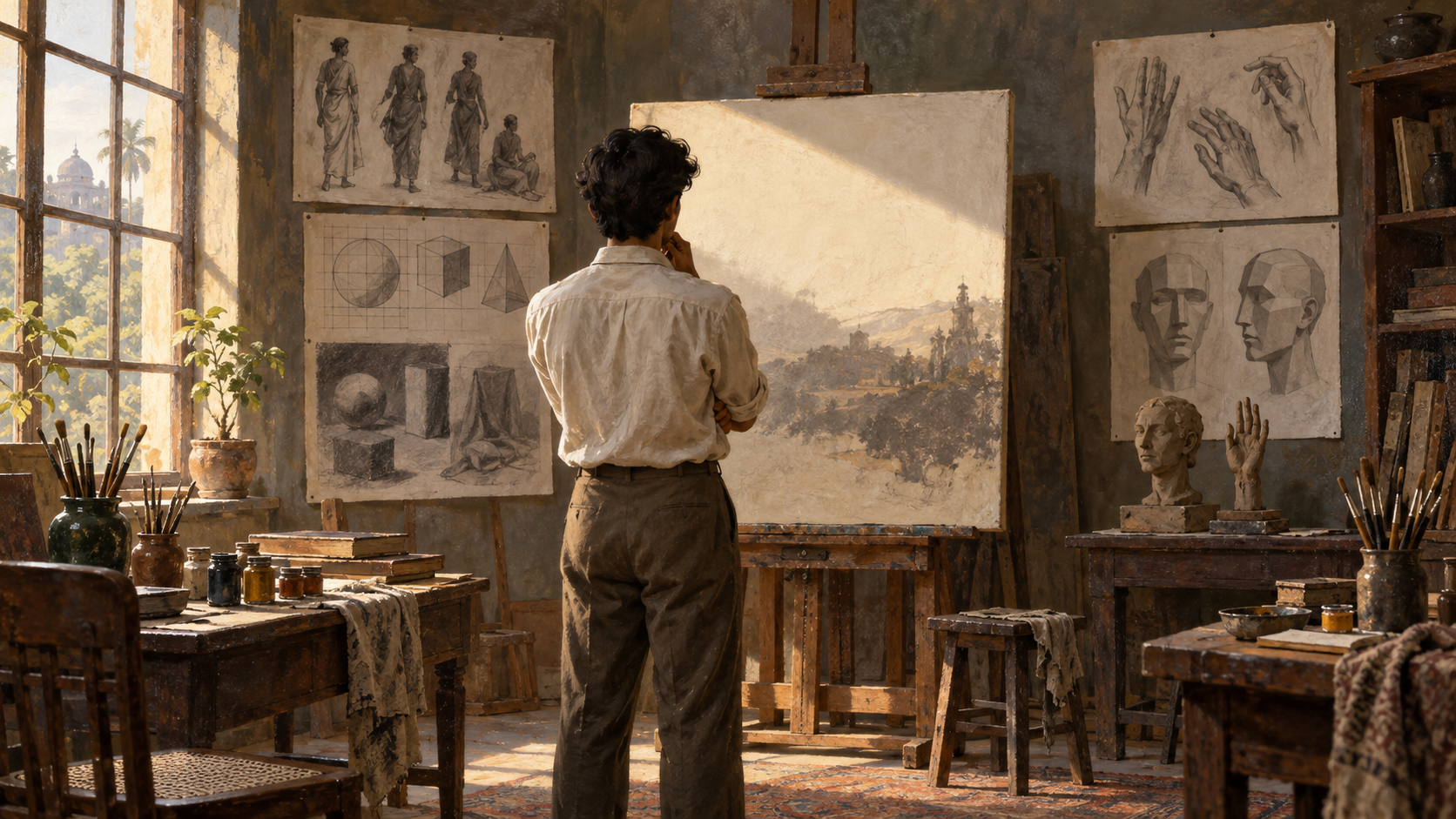 A young artist studies unfinished figure drawings and a partially painted canvas in a quiet, sunlit studio.