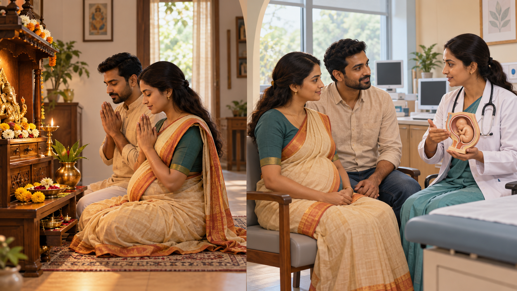 A pregnant couple prays at a home shrine in one scene and consults a prenatal clinician in a separate clinic scene.