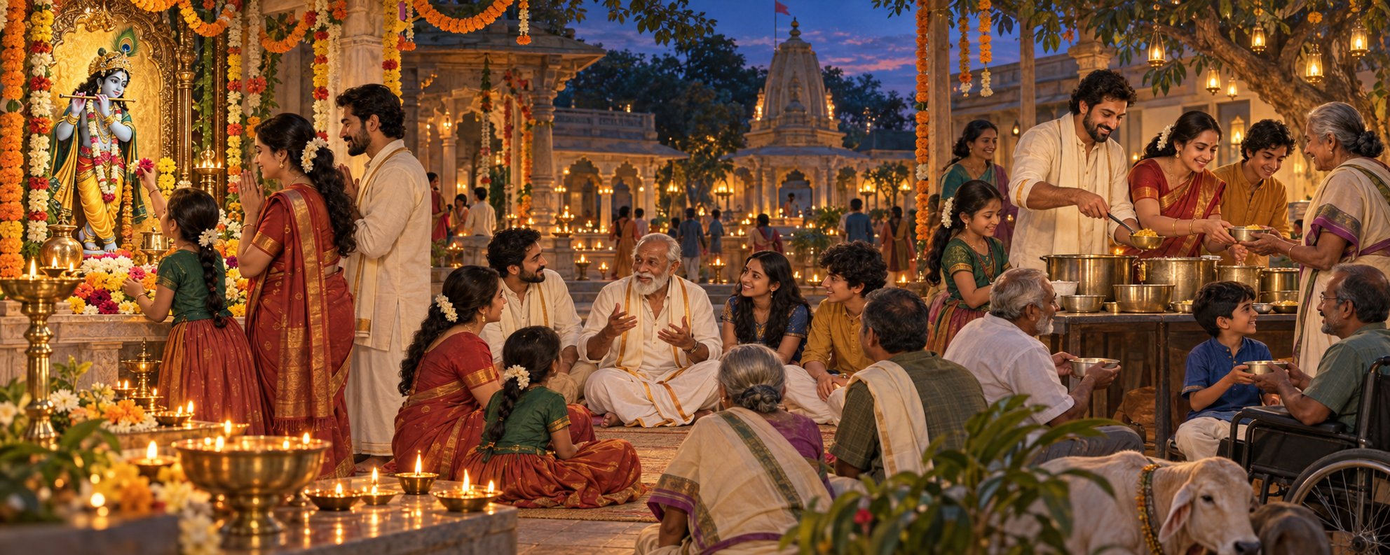 Devotees move through worship at a Krishna shrine, a storytelling circle, and a shared meal service in one temple courtyard.