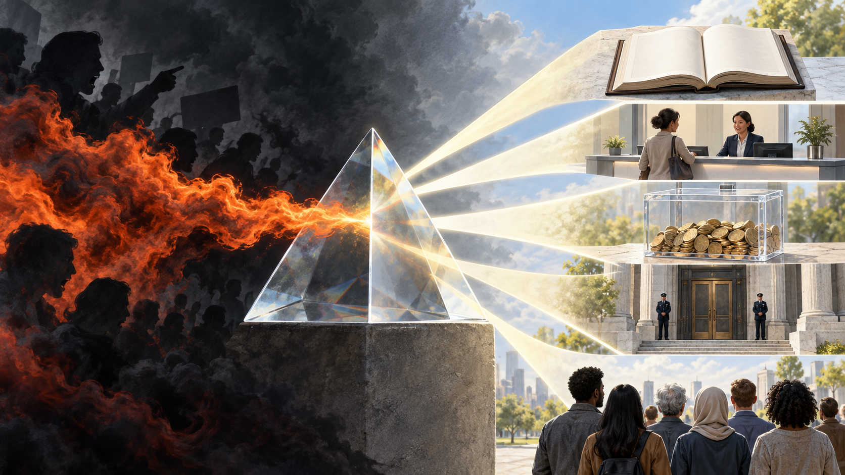 A translucent prism transforms a ribbon of orange smoke into beams illuminating civic institutions, a transparent treasury box, and a group of citizens.